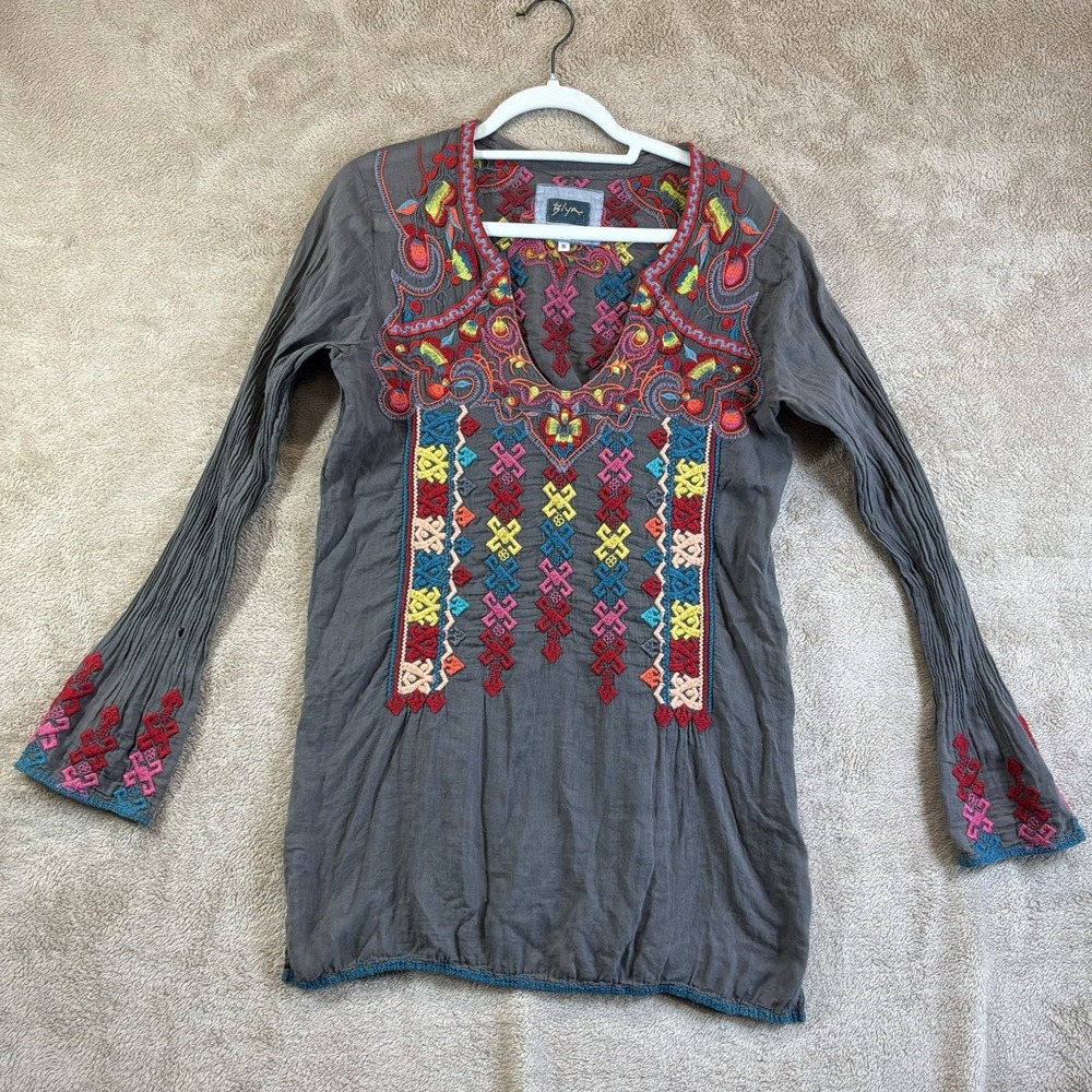 BIYA Embroidered Tunic Top Gray Cotton Lagenlook Artsy Art To Wear READ
